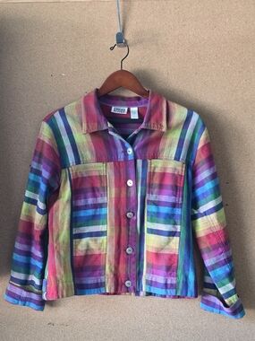 Chico’s Design Multicolor Plaid Button Jacket 100% Cotton Size 1 (M/L)